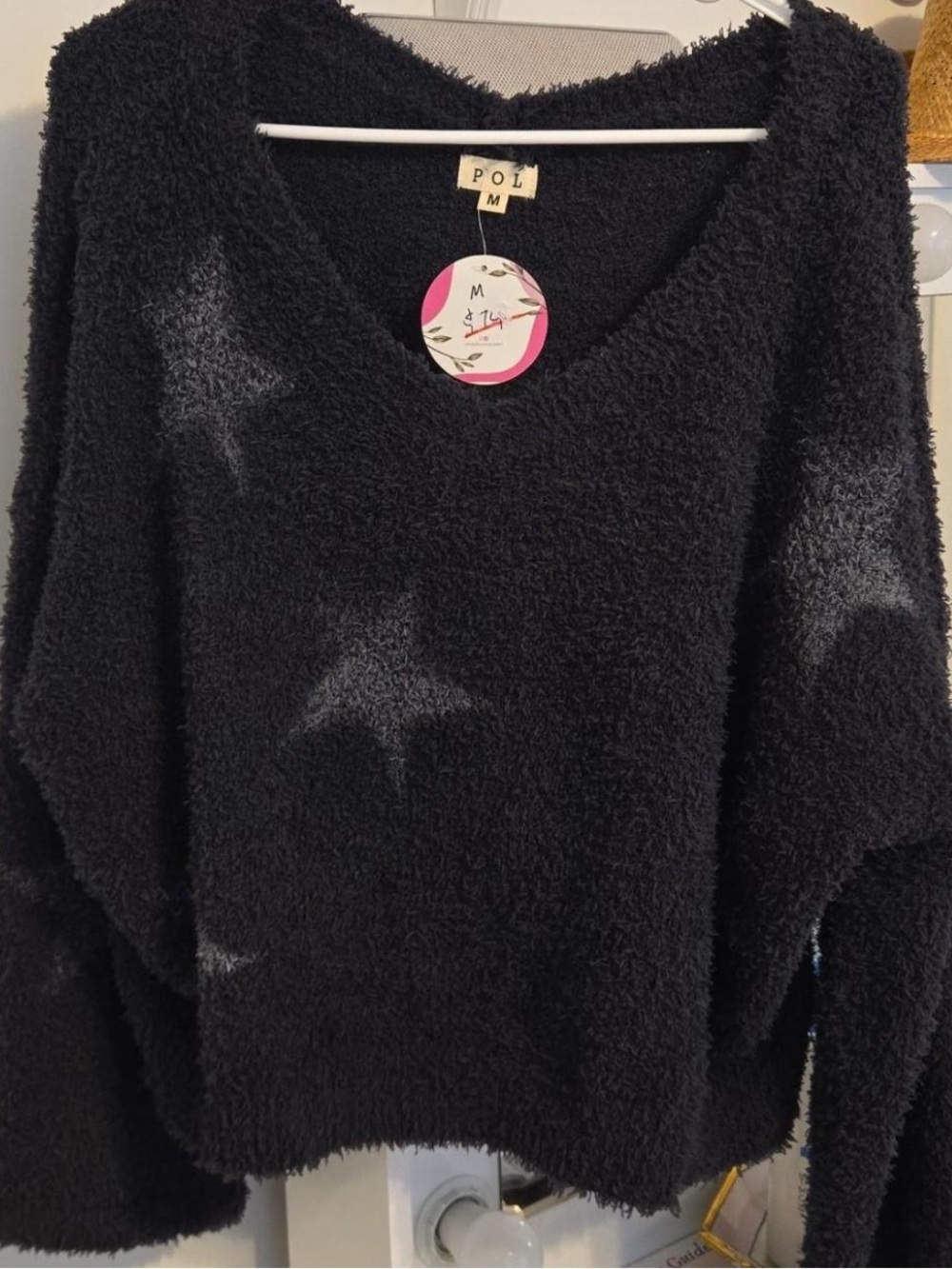 POL Plush Star V-Neck Sweater - Black
